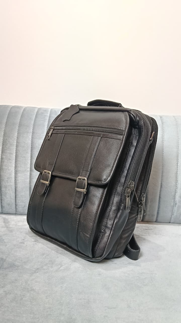 Genuine Cow Leather Dual Lock Bag- Black